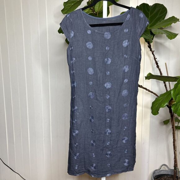 Linen Dress Made In Italy Blue Embroidered Dots Pockets Size M - Picture 1 of 6